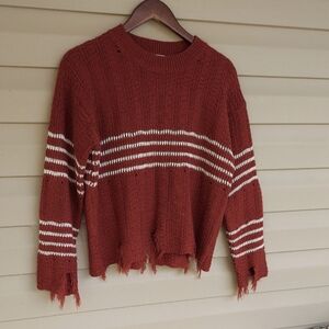 ROMWE Brick Red Distressed Sweater with White Stripes